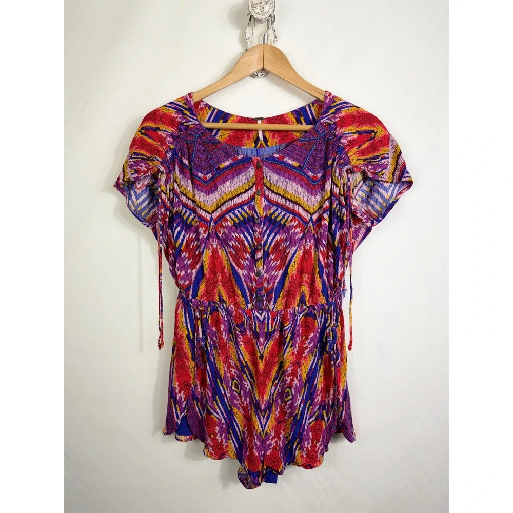 Free People Romper Womens XS Multicolor Ikat Print Boho Festival Rayon Playsuit